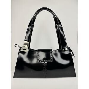 Vintage Guess Leuer Black Patent Leather Shoulder East West Bag Y2K Structured